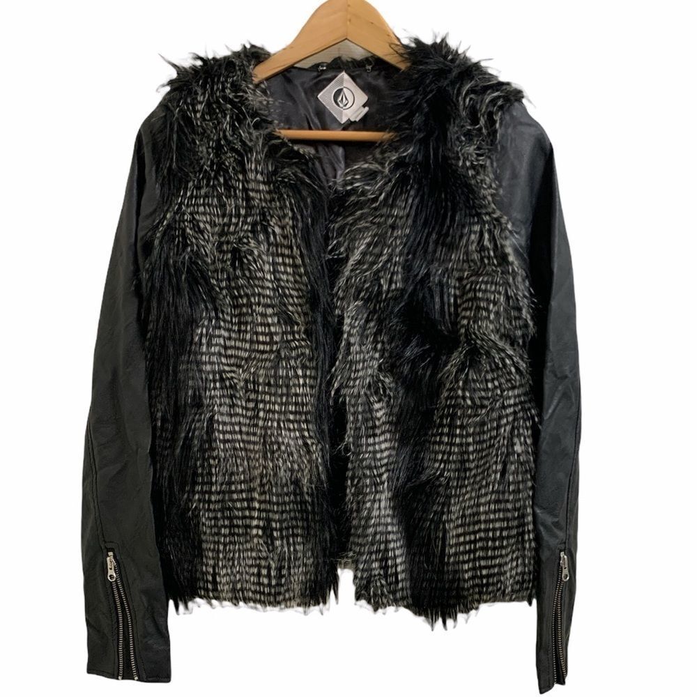 Volcom Black Fur Leather Jacket - Medium